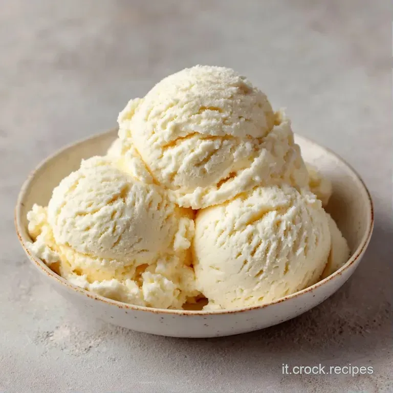Gelato bianco avorio servito in un bicchiere di vetro, superficie liscia con piccoli vortici e una fogliolina di menta.