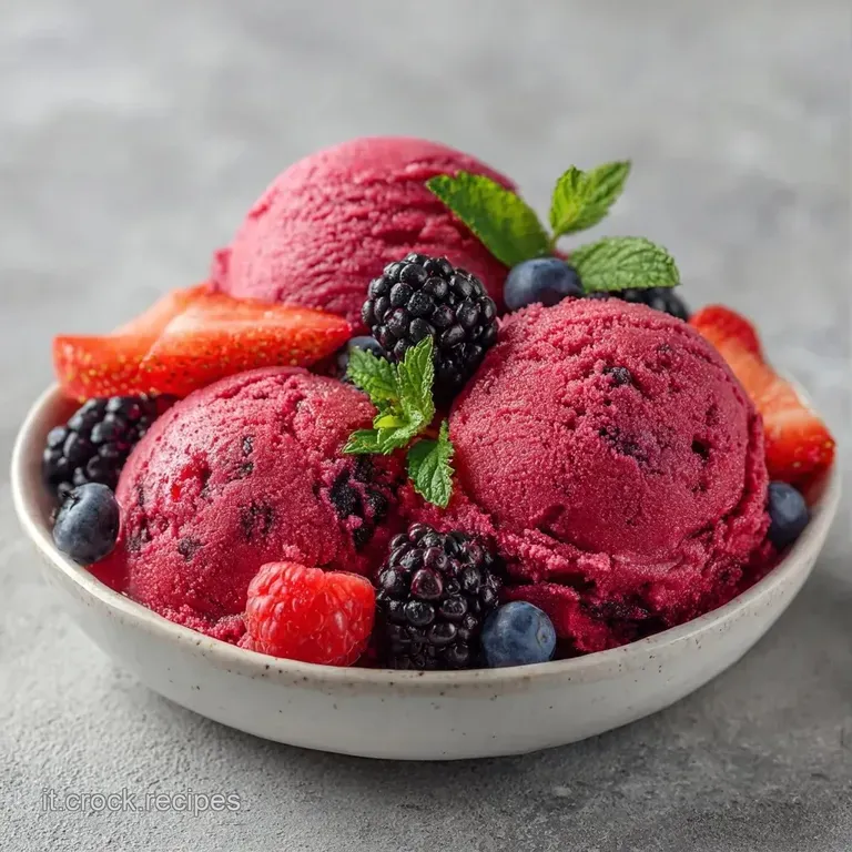Una coppa di vetro con palline di gelato cremoso, gocce di sciroppo rosso lucido e un mirtillo fresco in cima.