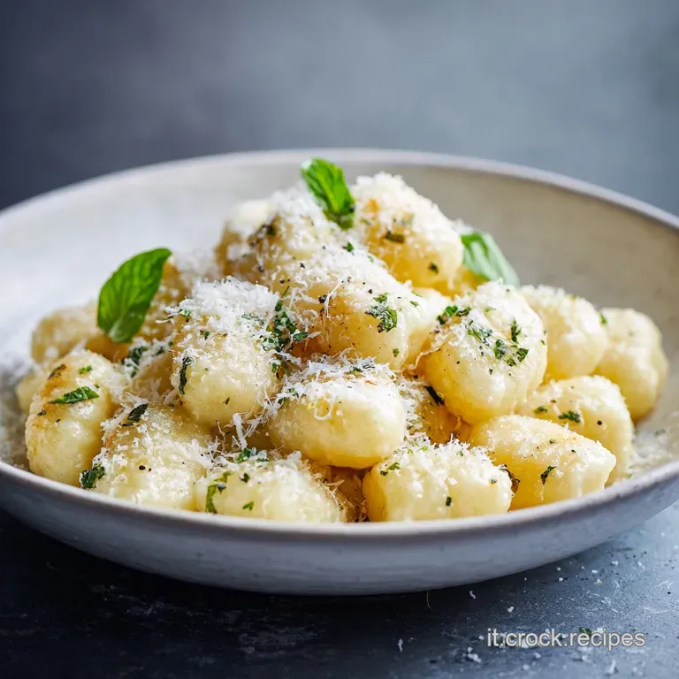 Delicate ricotta gnocchi nestled in a shallow bowl, drizzled with golden brown butter and adorned with vibrant green sage ...