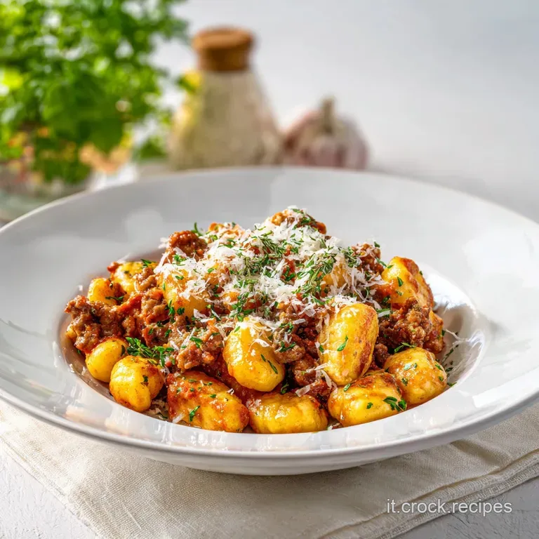 Elegantly plated gnocchi with swirls of rich, creamy sauce, dotted with savory sausage and a sprig of green.