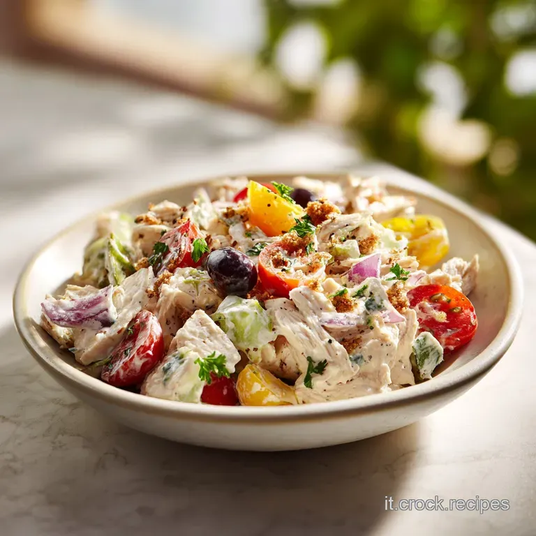 Elegant plate of chicken salad. Grilled chicken glistens beside mixed greens with a creamy, vibrant dressing and a sprinkl...