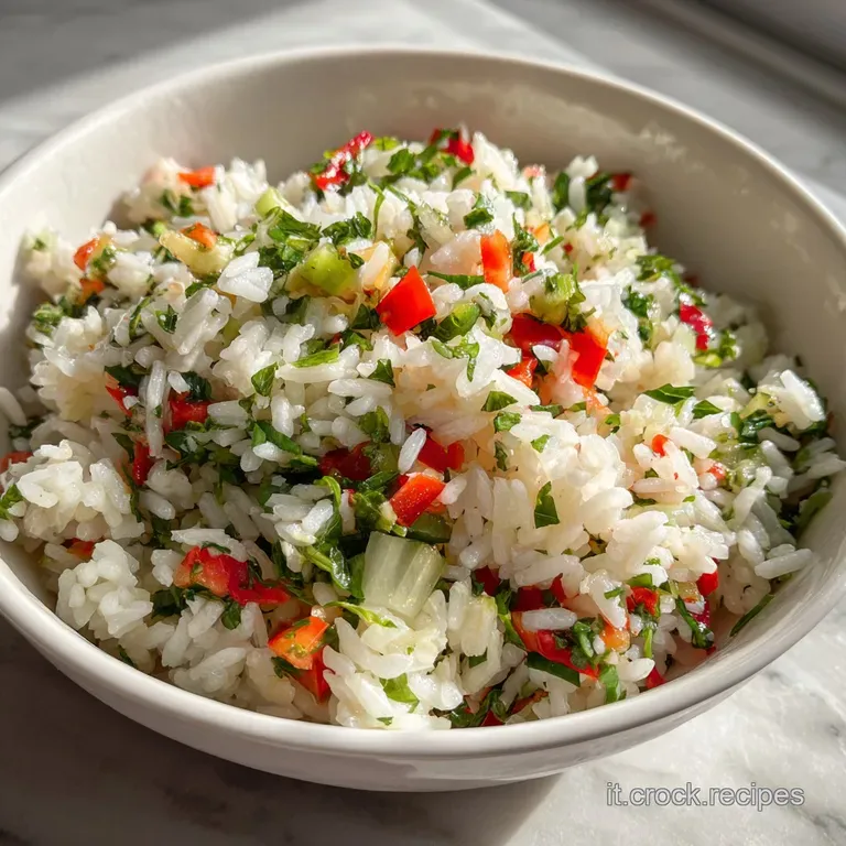 Artfully arranged rice salad on a white plate, showcasing flaky tuna, juicy lemon wedges, and fresh herbs as garnish.