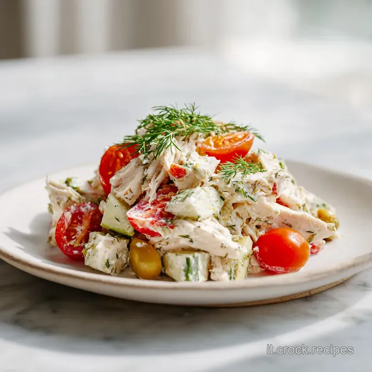 Elegant plate of creamy chicken salad, accented by feathery dill sprigs and colorful pickles, creating an inviting and sop...