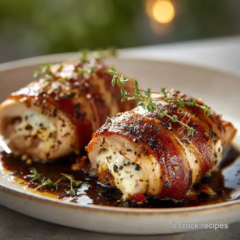 A single, beautifully plated chicken involtini, glistening with sauce, accompanied by vibrant green herbs and a sprinkle o...