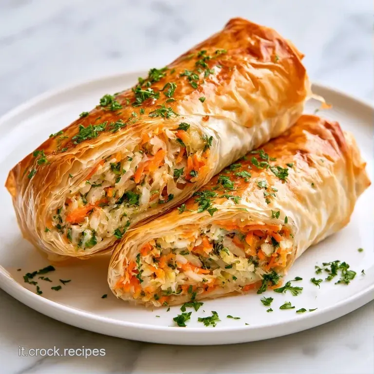 Rotolini di pasta fillo dorata adagiati su un letto di insalatina verde, decorati con semi di sesamo bianco.