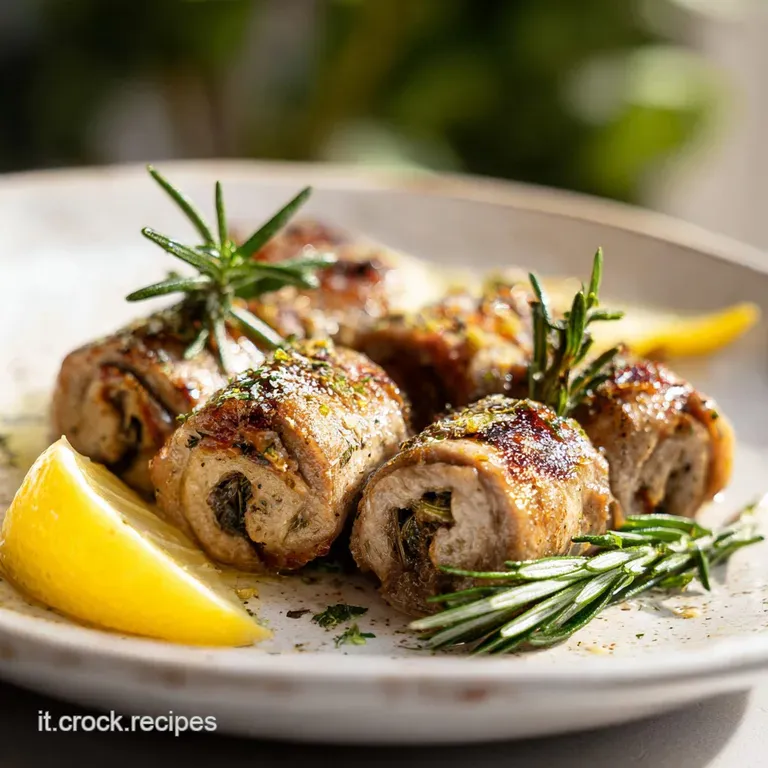 Elegant plate featuring sliced involtini revealing a savory filling; vibrant greens and a drizzle of balsamic add color.