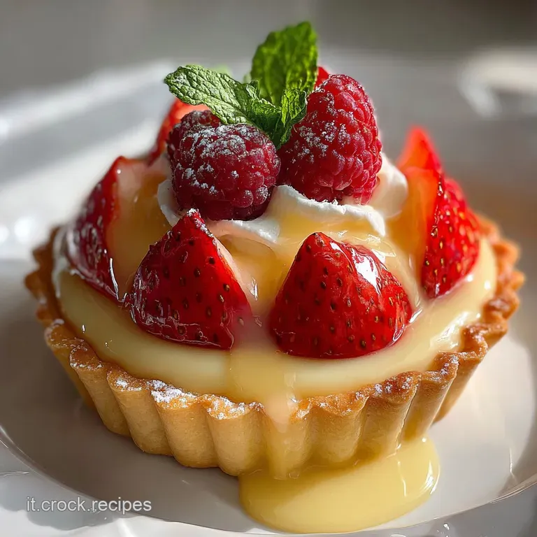 Elegant dessert cup filled with creamy yellow custard. Topped with fresh berries and a light dusting of powdered sugar.