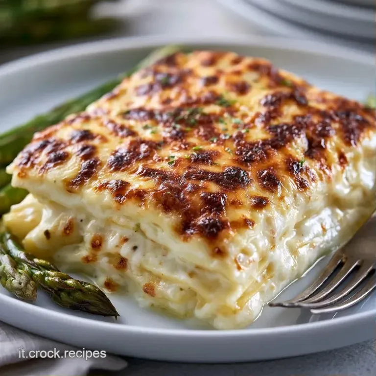 Porzione quadrata di lasagne cremose su piatto bianco, decorata con punte di asparagi chiari e un tocco di erbe verdi.