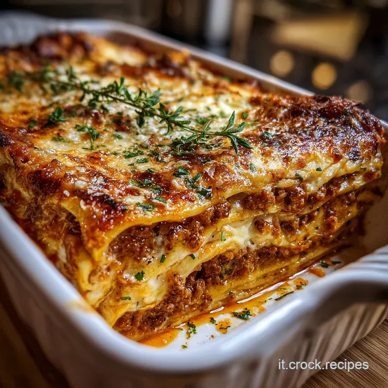 A perfectly squared slice of lasagna showing rich layers of meat sauce, pasta, and creamy b&eacute;chamel with golden, crusty edges.