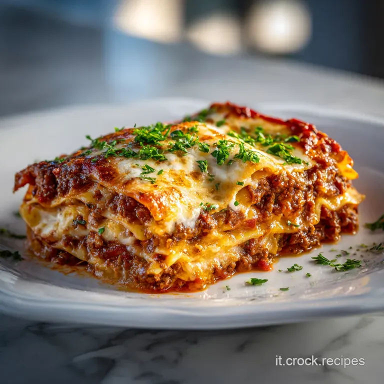 Slice of lasagna with visible layers of pasta, sauce, and cheese. Garnished with fresh basil. Rustic Italian cuisine on a ...