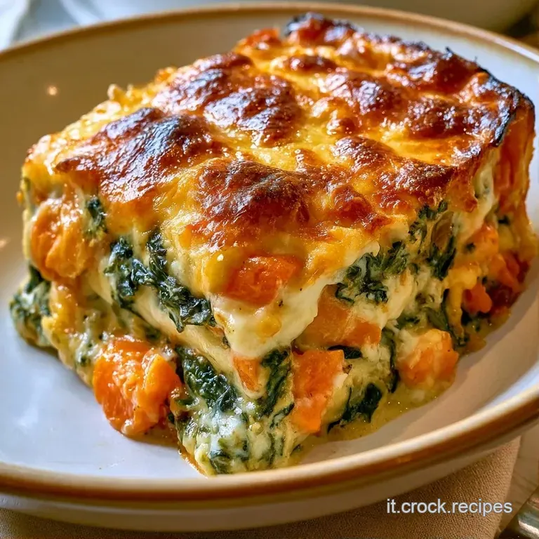 Fetta squadrata di lasagna su piatto bianco, con formaggio filante, bordi gratinati e una foglia di basilico fresco sopra.