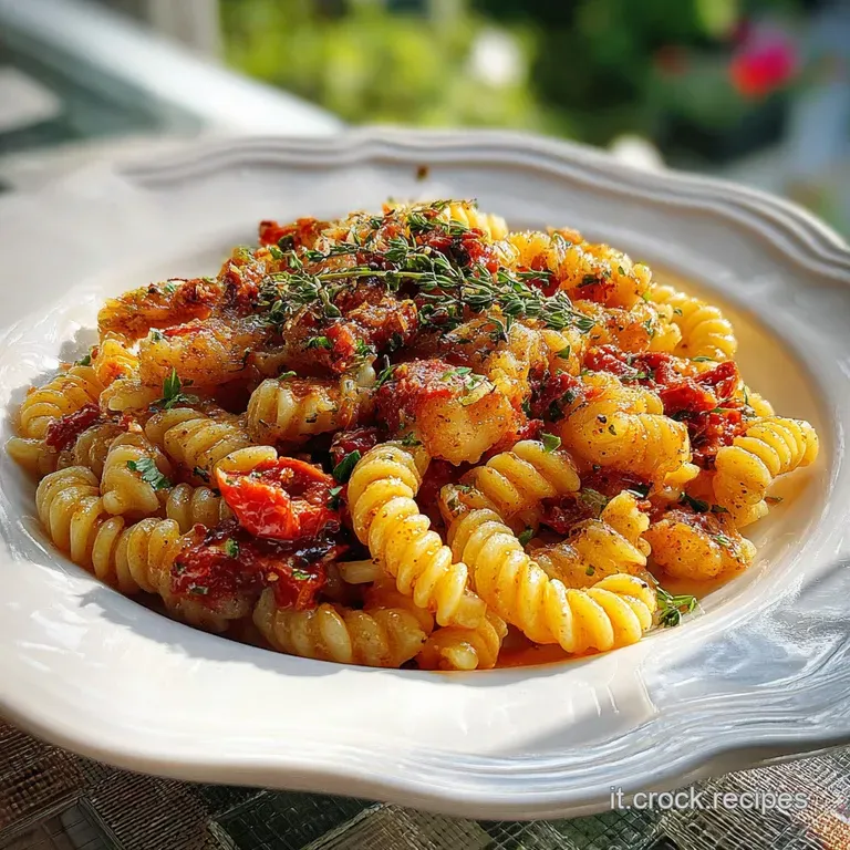 Malloreddus pasta elegantly plated, showcasing the rich tomato sauce clinging to each shell, garnished with fresh basil le...