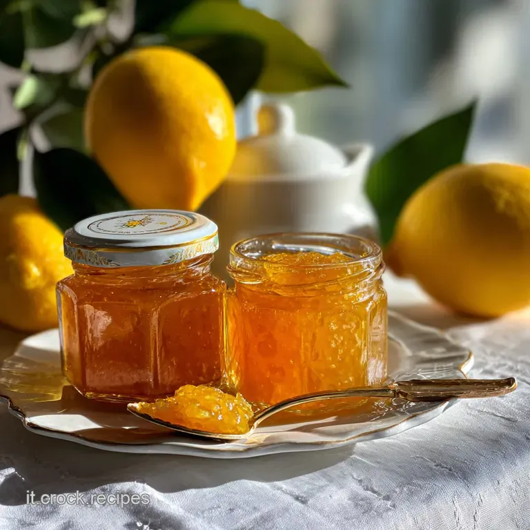 Elegant spoonful of glistening lemon marmalade spilling onto a buttered slice of golden brioche. Sweet and tangy.