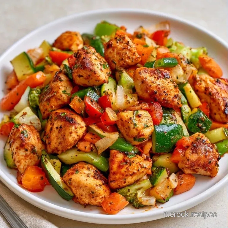 Pollo grigliato succoso affiancato da verdure saltate dai colori vivaci in un piatto bianco, texture lucida e invitante.