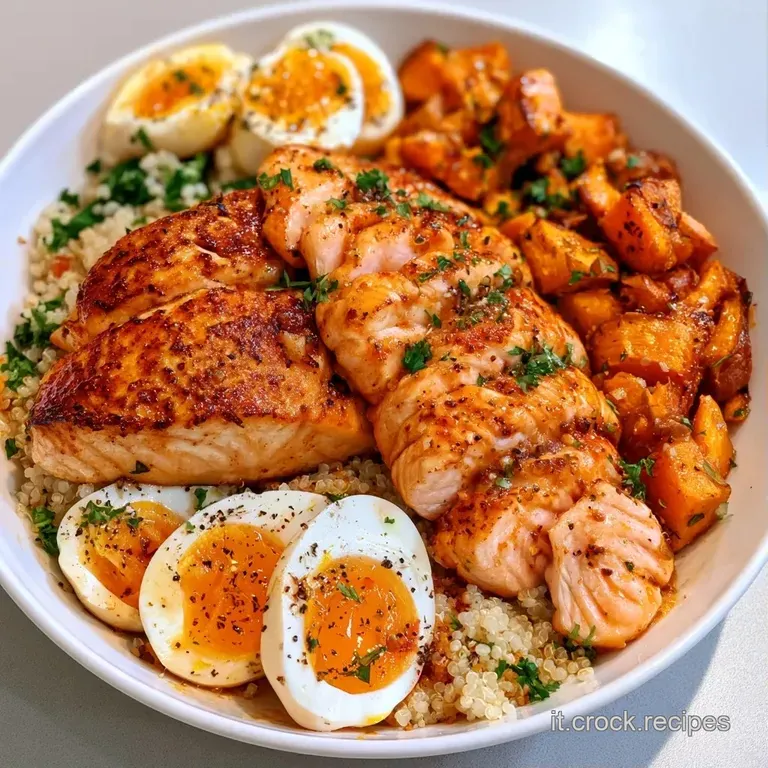 Un pasto equilibrato con quinoa soffice, salmone rosato e carote arancio in un contenitore moderno e pulito.