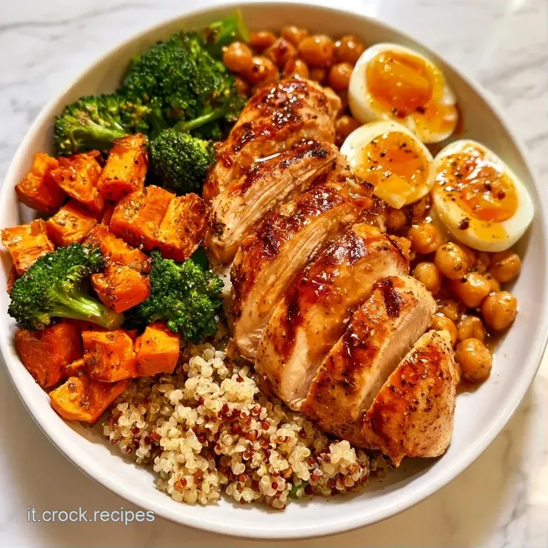 Piatto curato con riso bruno, cimette di broccoli verde acceso e strisce di carne dorata disposte in modo armonioso.