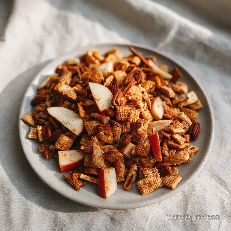 Chex mix piled in a rustic bowl with a spoon, showcasing the shiny glaze and colorful apple chunks.