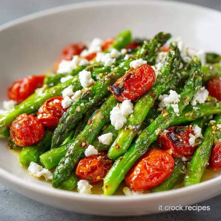 Piatto composto con pasta avvolta in asparagi croccanti, briciole di feta candida e un filo d'olio lucido e dorato.