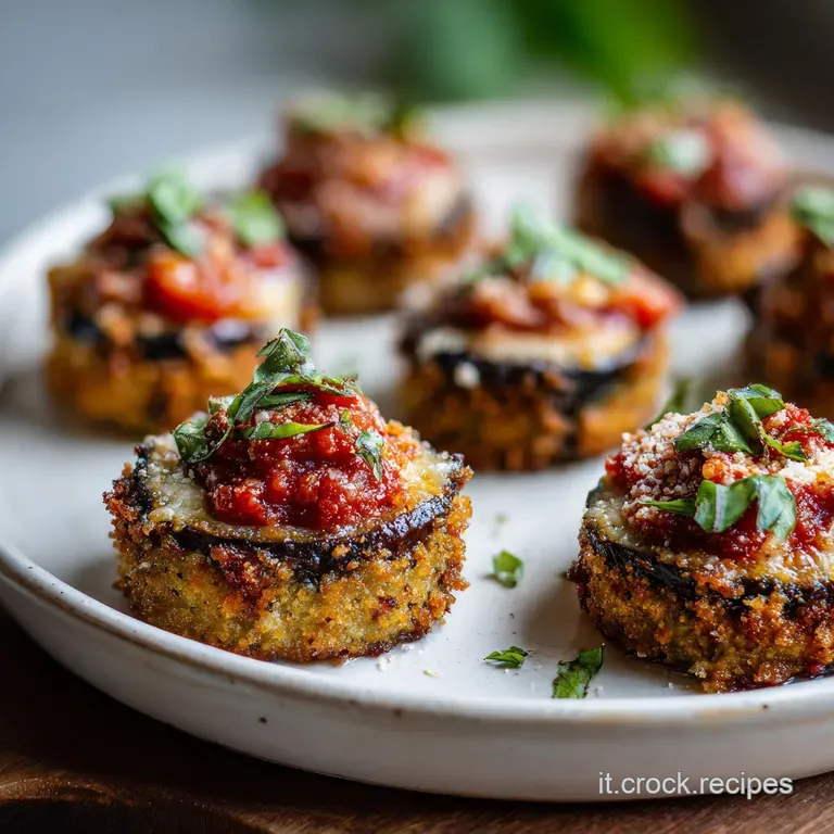 Elegant eggplant parmigiana tower, layered textures of soft eggplant, bright red sauce, and creamy, browned cheese on a wh...