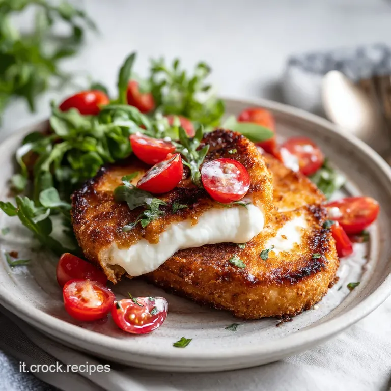 Two golden-fried mozzarella sandwiches, perfectly crisp, served warm on a white plate with a vibrant green salad.