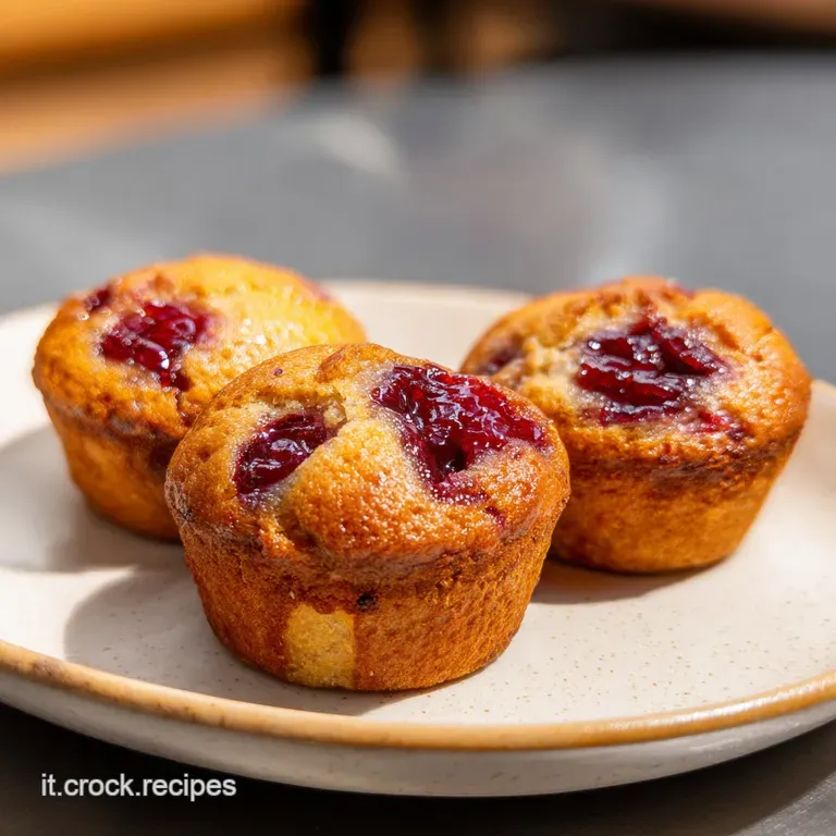 Muffin dorati su un piatto bianco, con gocce di marmellata rossa lucida che scivolano sulla superficie soffice.