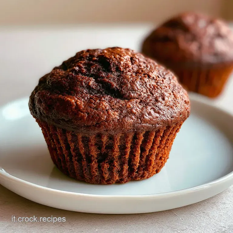 Muffin al cioccolato scuro disposti su un piatto di ceramica bianca, con briciole soffici e un tocco di zucchero a velo.