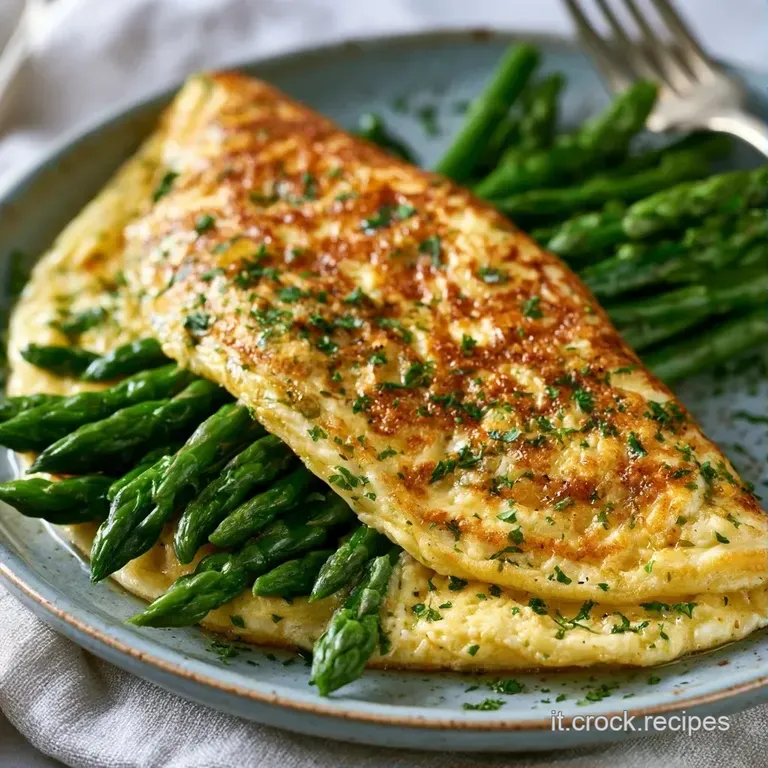 Una frittata piegata in modo elegante, colore giallo intenso, con asparagi verdi brillanti che spuntano dal centro.