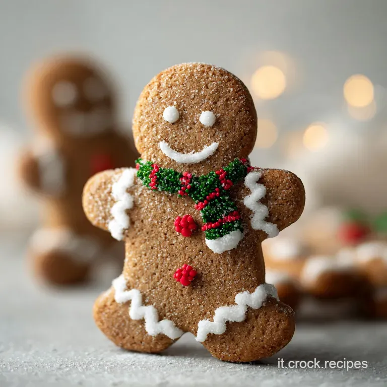 Gingerbread man resting against a mug of dark chocolate, artfully decorated with swirls of white icing on a linen napkin.