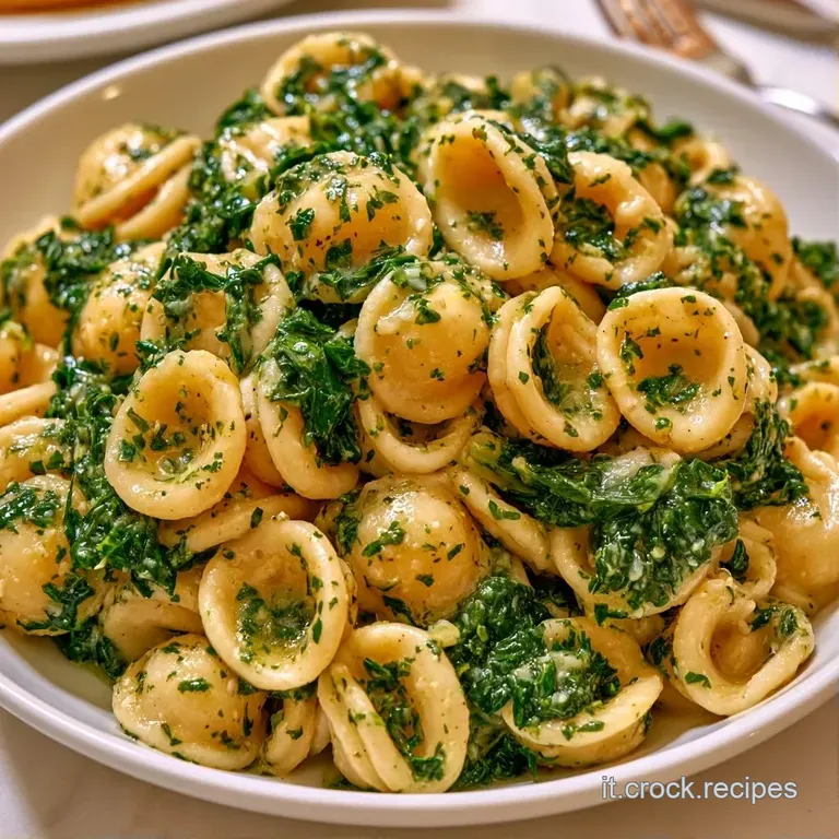 Piatto bianco con pasta dorata e foglie di cavolo verde intenso, guarnito con scaglie di formaggio e un filo d'olio.