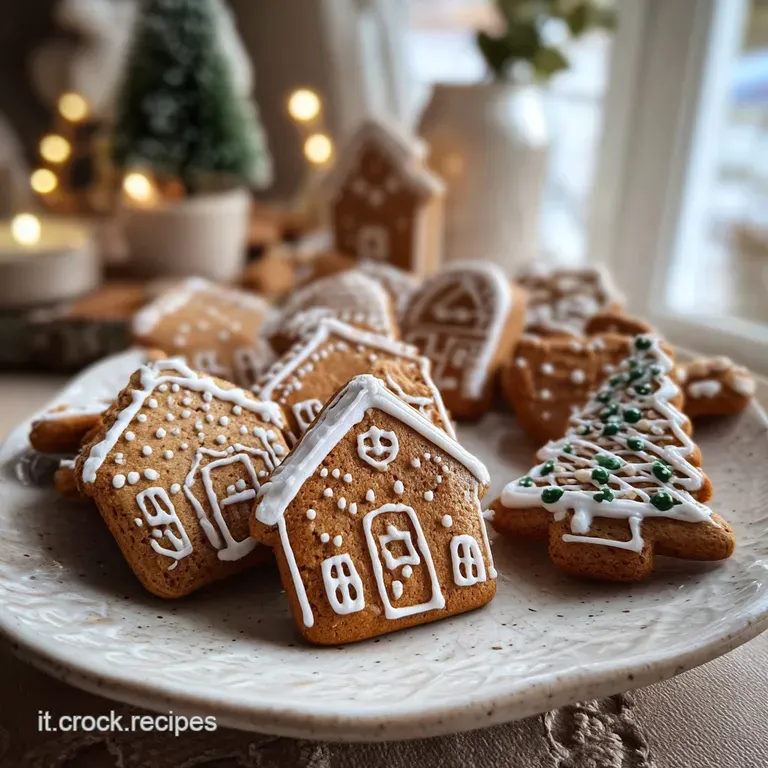 Stack of gingerbread cookies tied with baker's twine. Icing details visible. Warm, inviting scene.