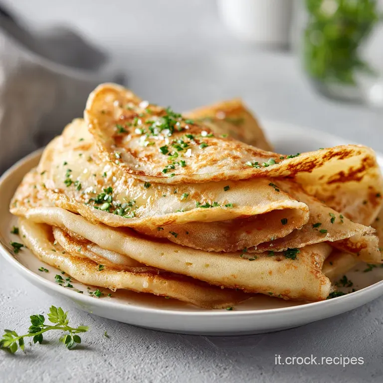 Stacks of fluffy savory pancakes, glistening and golden, served with a side of vibrant green herbs.