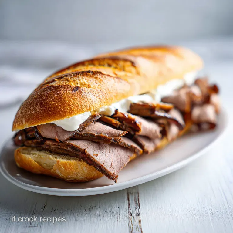 Warm panini, perfectly pressed, artfully sliced and fanned, showcasing layered roast beef and melting stracciatella with a...