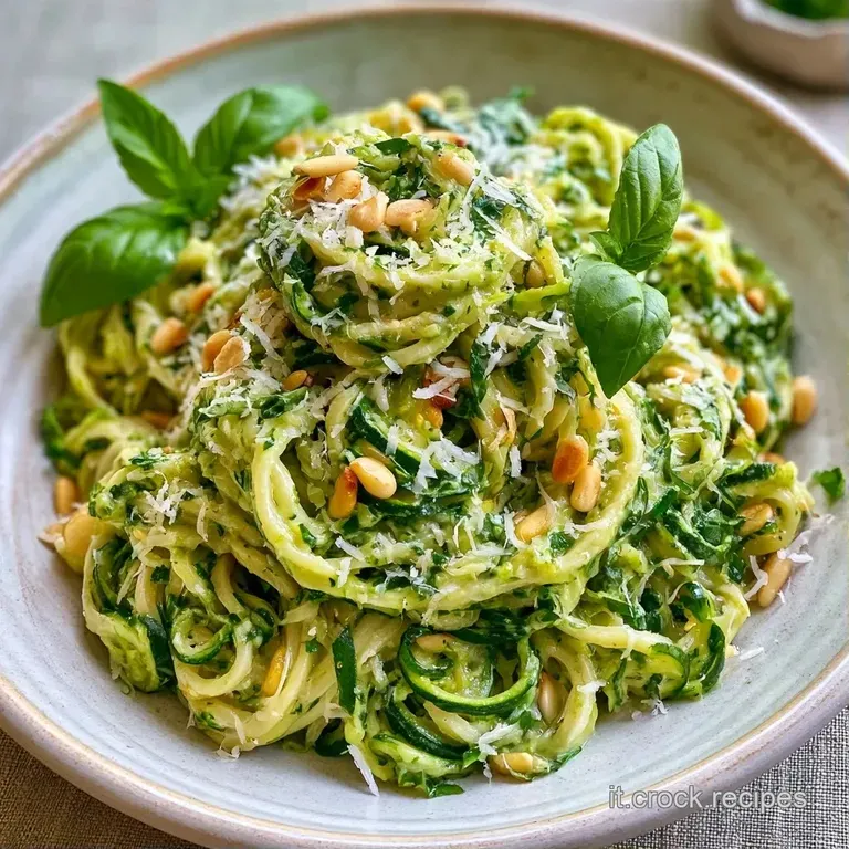 Un nido di pasta cremosa verde chiaro, decorato con un filo d'olio lucido e una foglia di basilico fresco in cima.