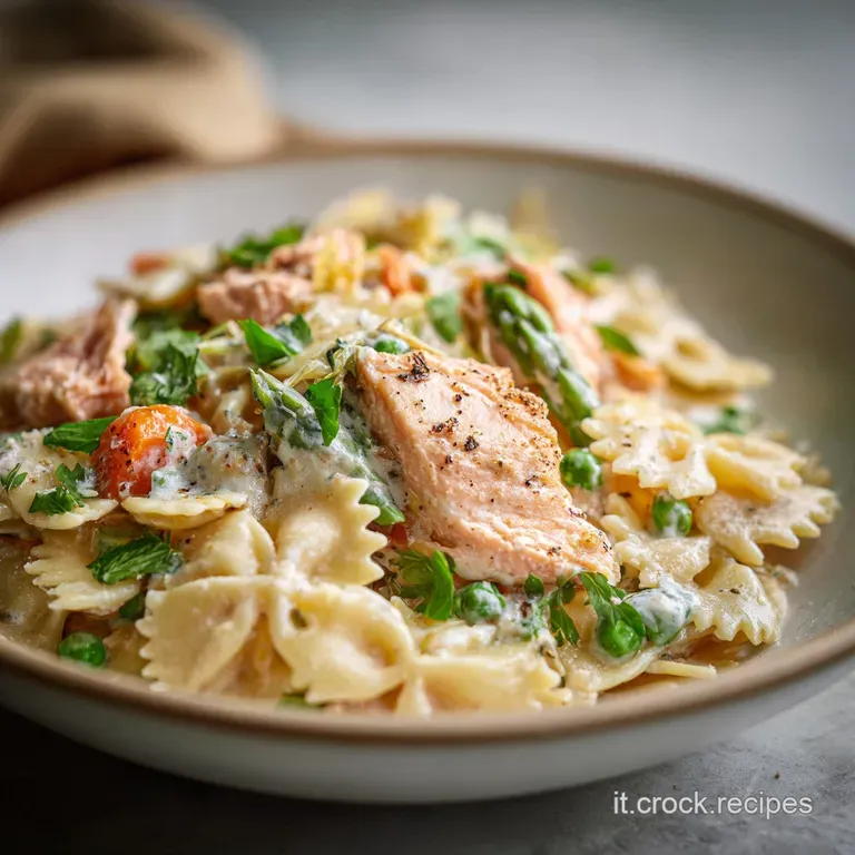 Elegant plate of salmon pasta with a lemon wedge and sprig of dill. Light reflects off the glossy sauce, hinting at richness.