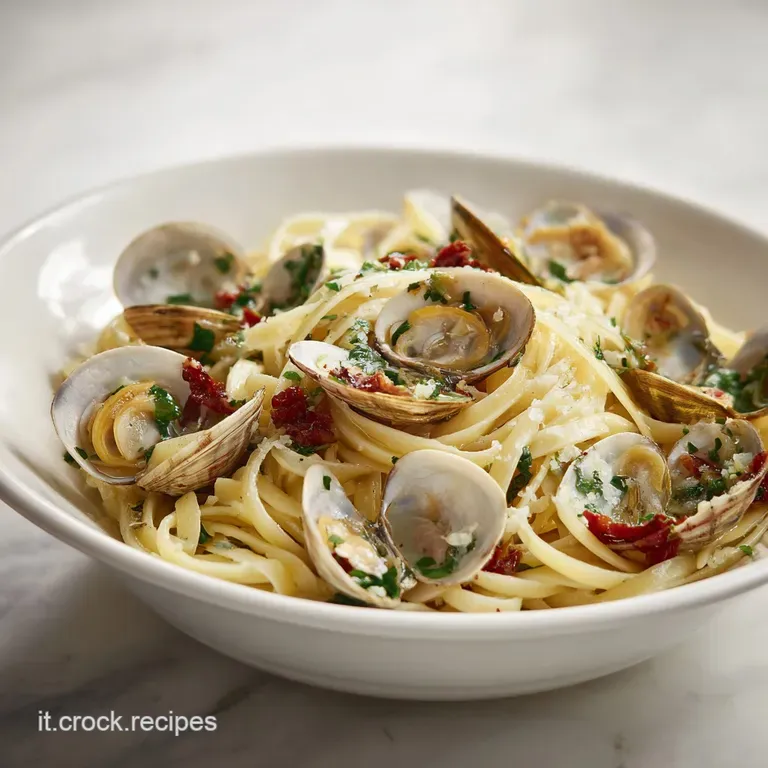 Elegant plate of pasta alle vongole: vibrant green parsley, ivory pasta strands, and speckled clam shells. A light, inviti...