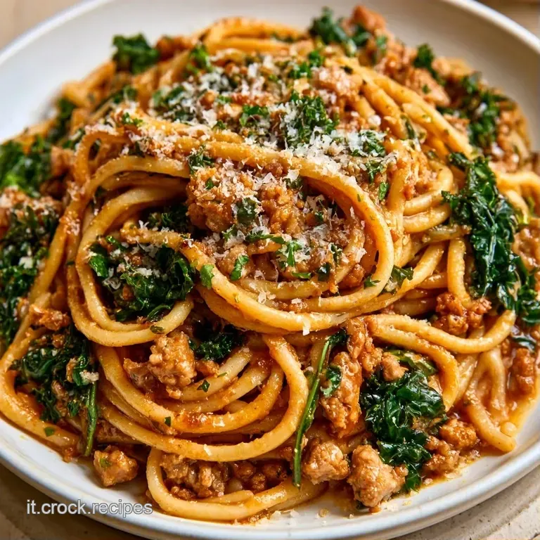 Piatto di ceramica con pasta avvolta in salsa vellutata, contrasto tra il verde scuro del cavolo e toni ambrati della carne.