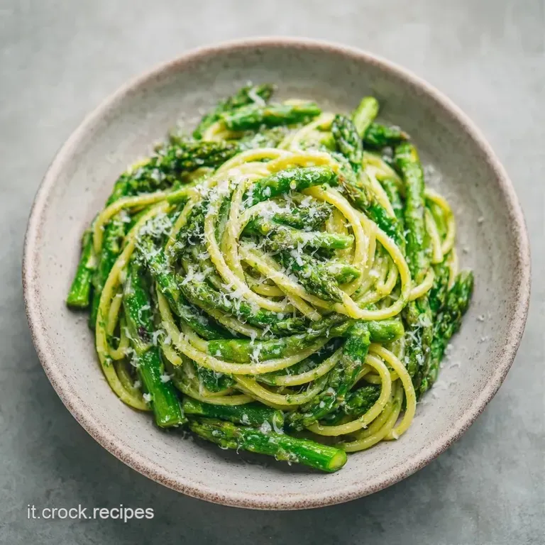 Spirale di pasta avvolta in salsa vellutata bianca, decorata con asparagi croccanti e scaglie di formaggio dorato.