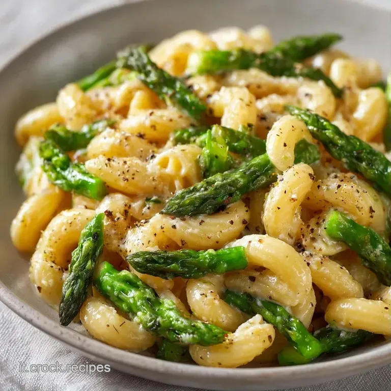 Spirale di pasta cremosa guarnita con asparagi croccanti e una spolverata di formaggio grattugiato color avorio.
