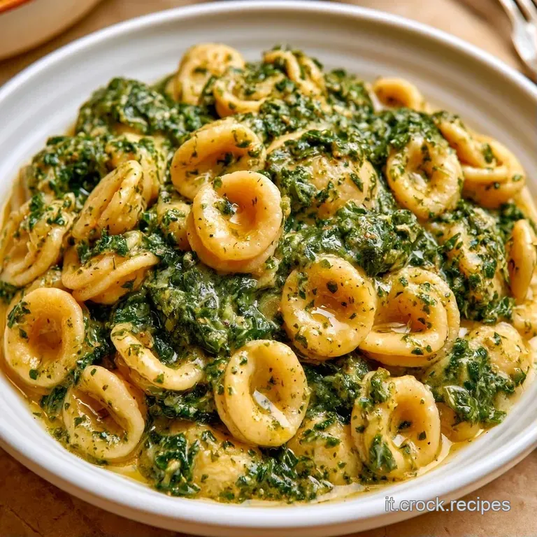 Piatto di ceramica con pasta cremosa, foglie di cavolo nero croccanti e una spolverata di formaggio bianco grattugiato.