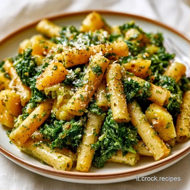 Piatto di ceramica con pasta cremosa, contrasto tra il verde scuro del cavolo e il bianco della salsa vellutata.