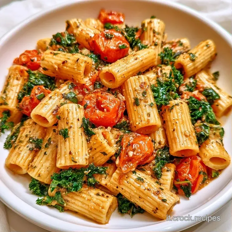 Composizione elegante di pasta gialla, contrasto tra il verde intenso delle foglie e il rosso vivo dei pomodorini.