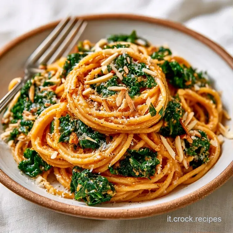 Elegante piatto di ceramica con pasta avvolta in foglie di cavolo verde scuro, olio dorato e formaggio grattugiato.