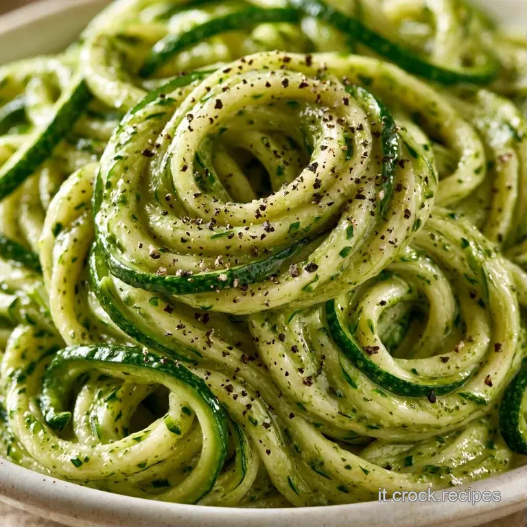Spirale di pasta cremosa color crema e verde chiaro su piatto bianco, guarnita con sottili fette di zucchina fresca.