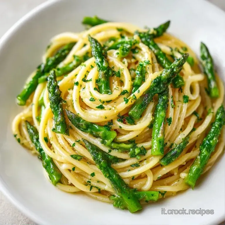 Pasta cremosa disposta con cura in un piatto bianco, decorata con asparagi croccanti e una spolverata di formaggio.
