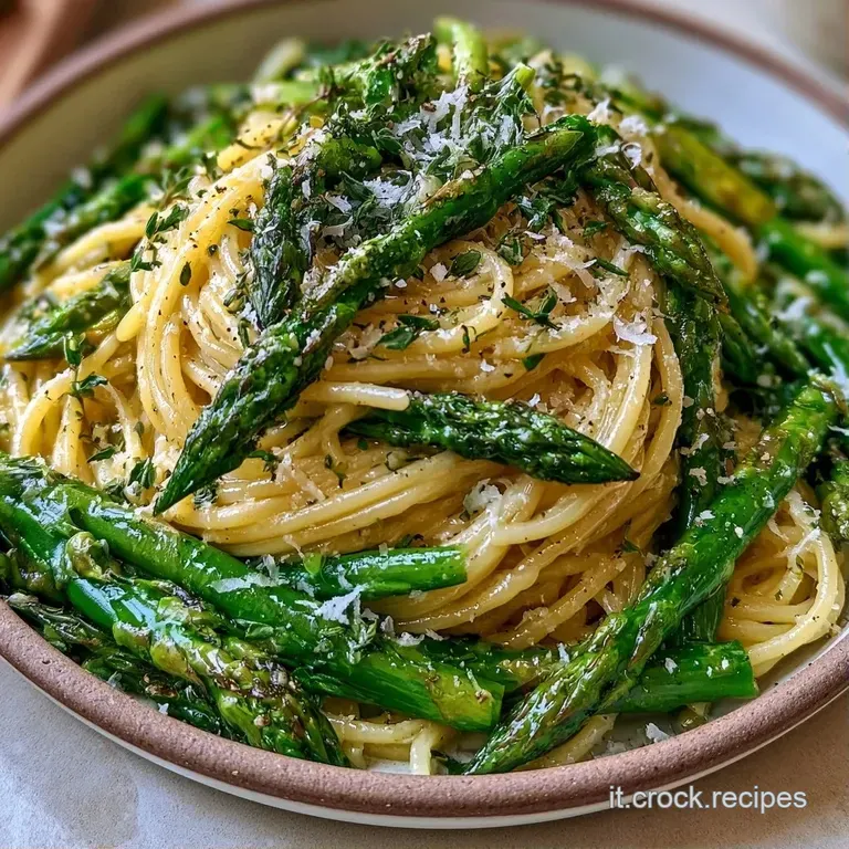 Piatto bianco con nidi di pasta cremosa, punte di asparagi croccanti disposte con cura e un tocco di pepe nero macinato.