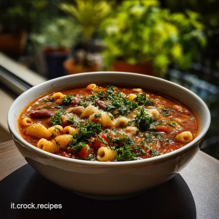 Elegant plating of pasta e fagioli. Drizzled olive oil glistens on the creamy broth, with fresh parsley sprigs for garnish.