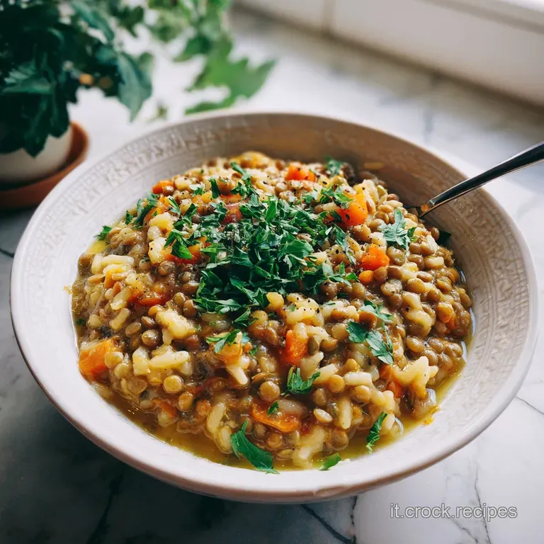 A swirl of al dente pasta and tender lentils in a shallow bowl, a drizzle of verdant oil, invitingly warm and rustic.