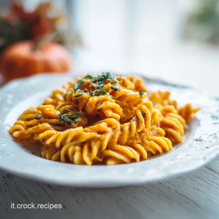A perfectly swirled mound of creamy pumpkin pasta, artfully garnished with fresh sage and a drizzle of oil.