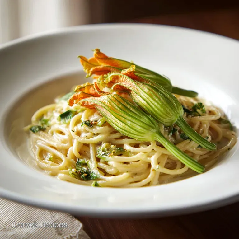 Elegant plate of golden pasta accented with delicate zucchini flowers. A light sheen suggests a fresh, flavorful sauce.