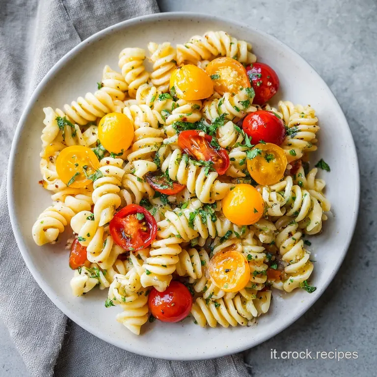 An artfully arranged plate of chilled pasta salad, showcasing juicy tomatoes and fresh herbs.